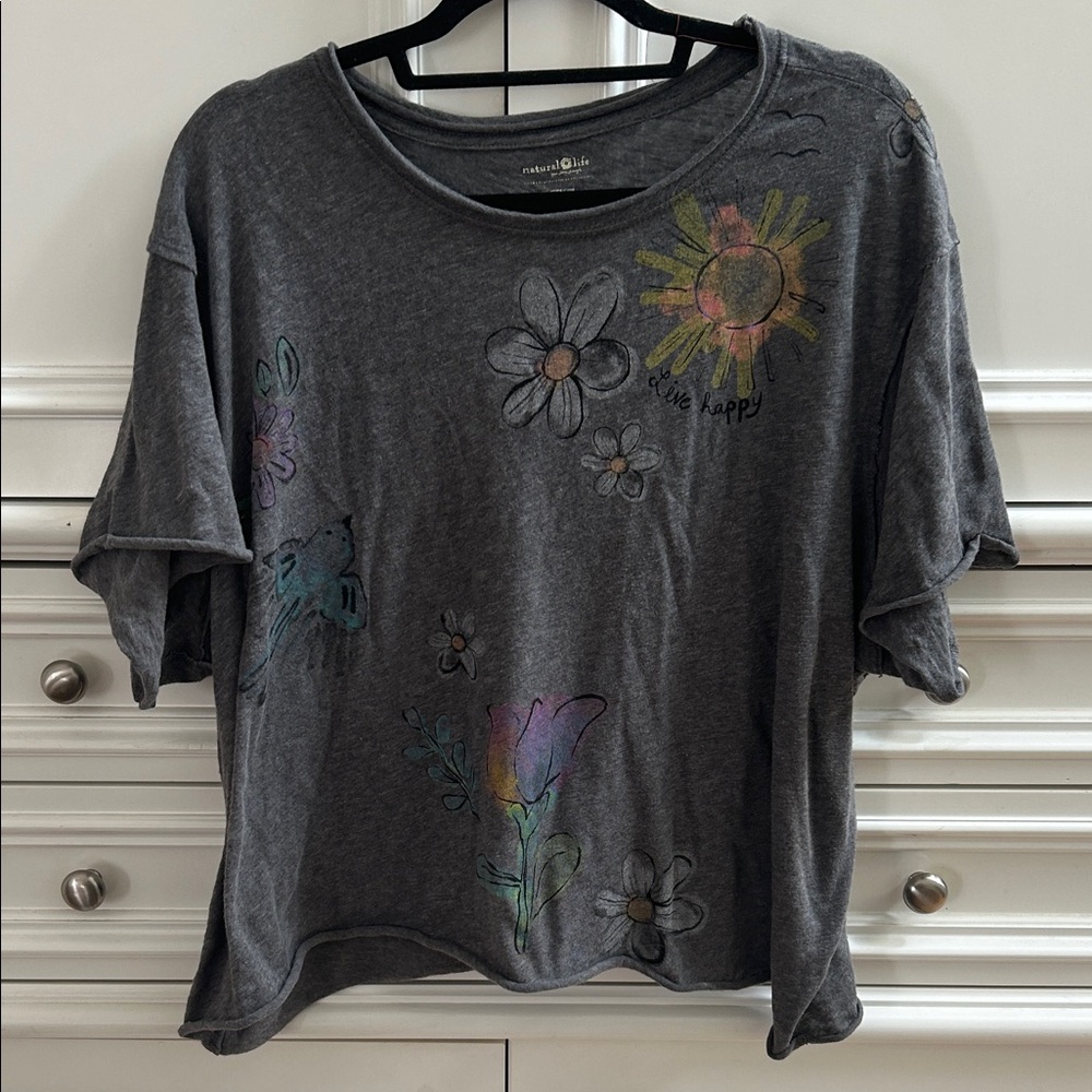 NATURAL LIFE Gray Floral Graphic Tee NWOT